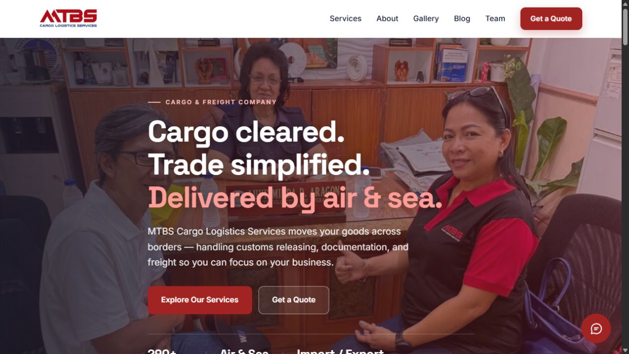 Actual MTBS Cargo website, captured October 2026